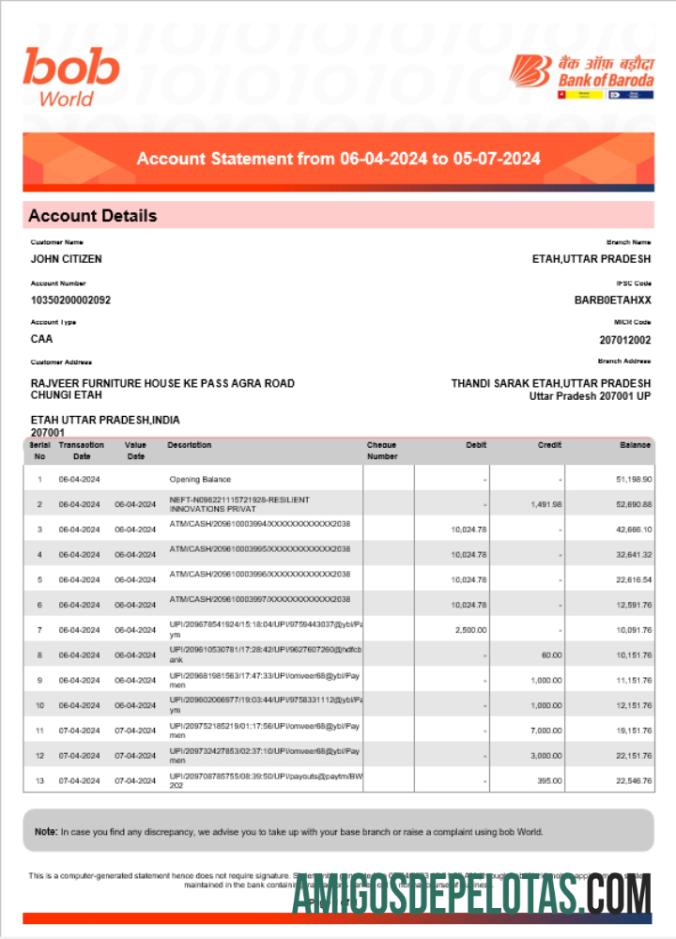 India Bob Bank Of Boroda Statement Word And PDF examplo modelo